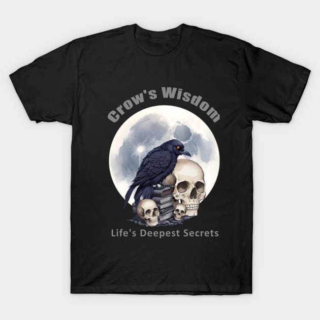 Raven reading books, full moon, witch, Halloween, crow, raven, corvid, books, magic, witchcraft, Wicca, Delving into the Mysteries of Existence Amidst the Wisdom of Ancient Pages T-Shirt by Collagedream